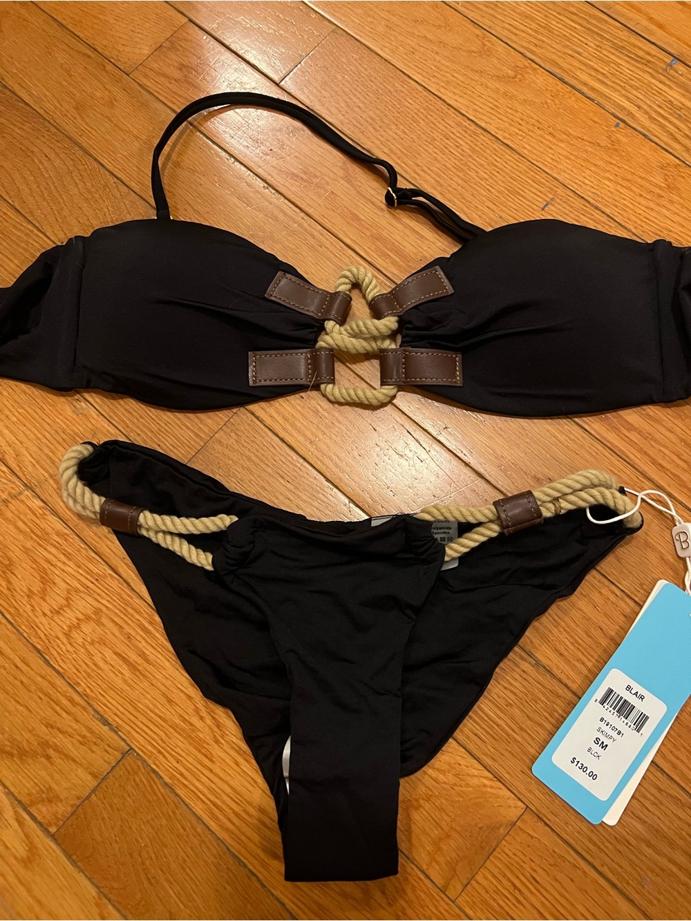 Beach Bunny Black Bandeau Bikini with Tan Rope Accents